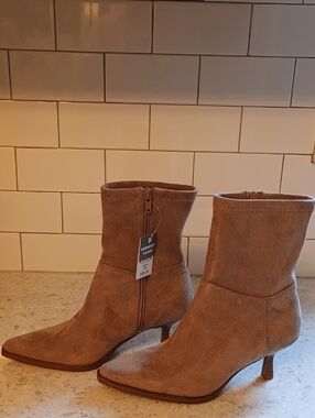 Brand New, Woman's Size 6 Ophelia Roe Suede Mid-Calf Heeled Boots in Taupe